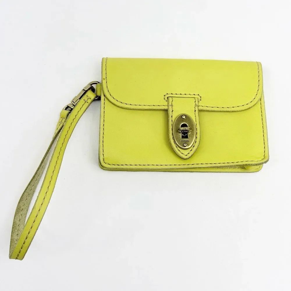 Fossil AUSTIN Yellow Cowhide Leather Turnkey Clasp Mini Wristlet Wallet